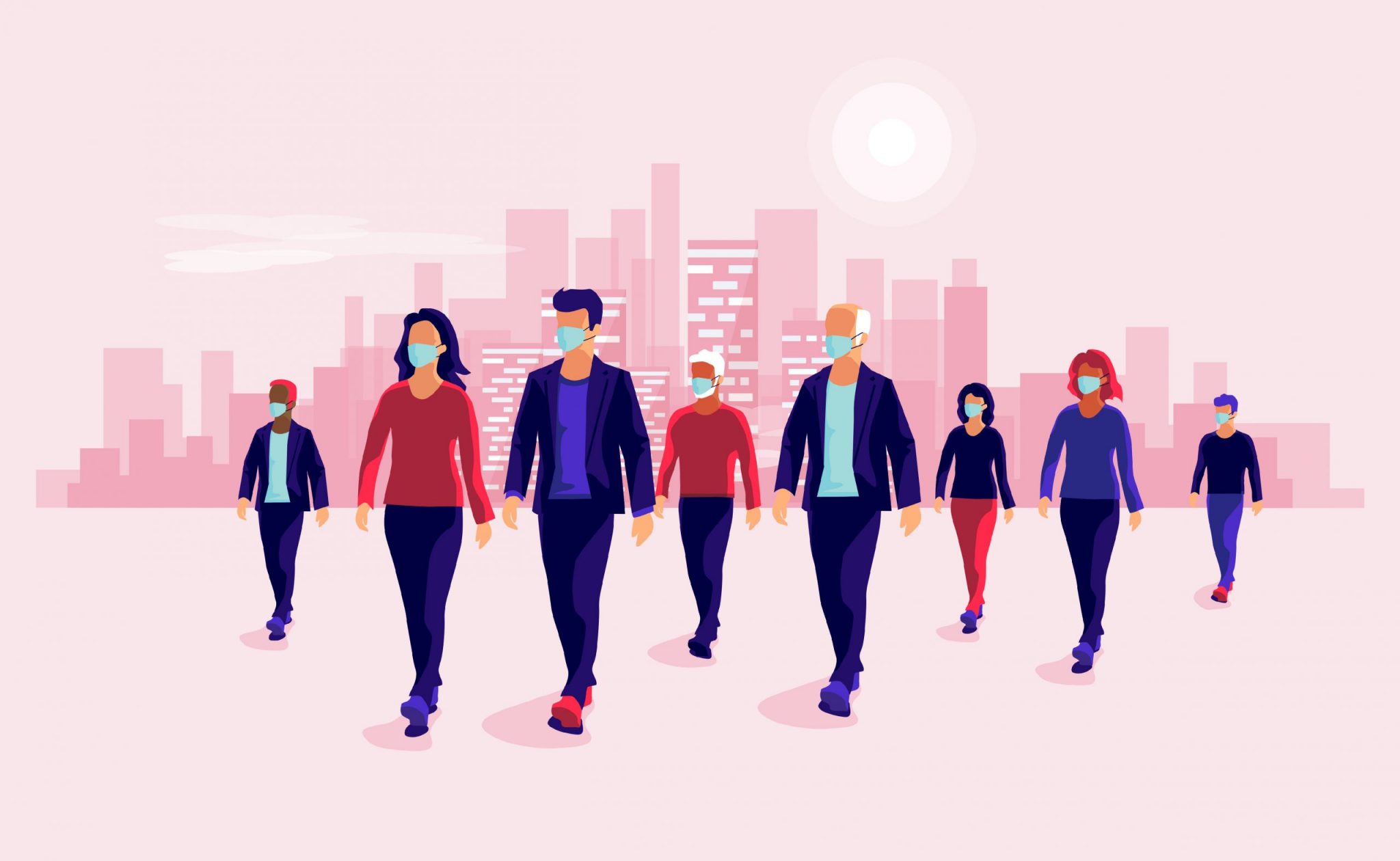 Group of people wearing protection medical face mask to protect and prevent virus, disease, flu, air pollution, contamination. Old man woman walking. Vector illustration with urban city skyline.