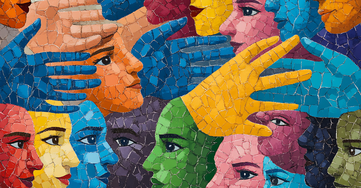 A colorful mosaic artwork depicts overlapping faces and hands in various hues, including blue, orange, yellow, green, and pink, arranged in an abstract, interconnected pattern.